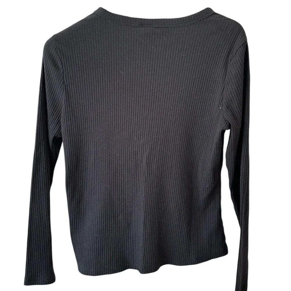 A New Day Top Womens L Black Ribbed Knit Long Sleeve Ruched Drawstring - Picture 2 of 5